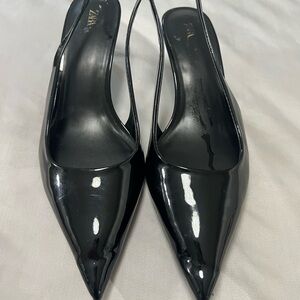 Zara Glossy Black Pointed Slingback Heels